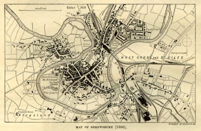 Shrewsbury map of town centre, antique engraving, 1880s | #420229079