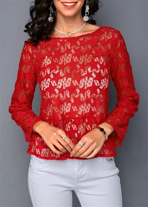 Red Long Sleeve Round Neck Lace Blouse Lace Blouse Long Sleeve Long