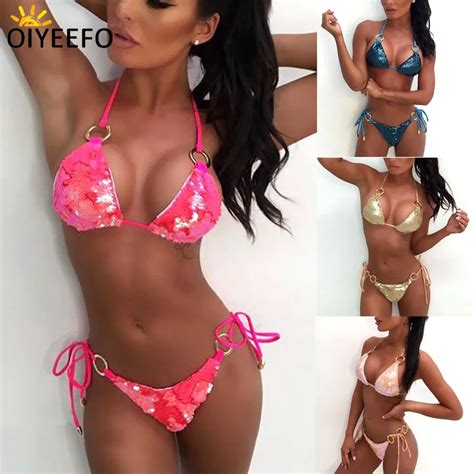 Oiyeefo Shiny Sequins Bikini Glitter Spangly Swimsuit Bright Paillette