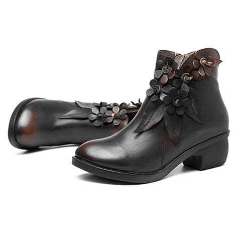 Socofy Women Handmade Real Leather Ankle Boots Casual Floral Zipper