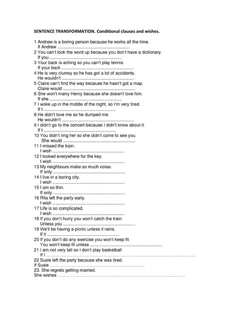 Worksheet 5 Conditional And Wishes Sentence Transformation Conditional Clauses And Wishes 1