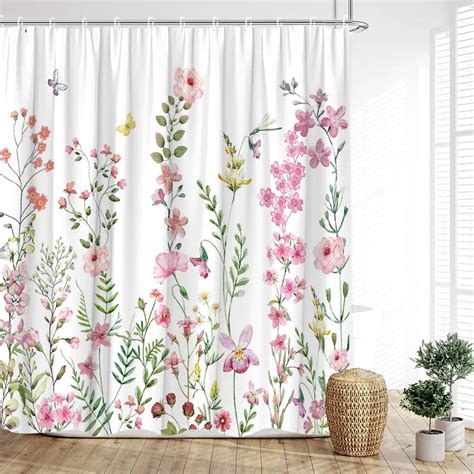 Watercolor Floral Shower Curtain Farm Modern Botanical Leaves Spring