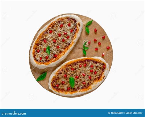 Isolated Traditional Arabic Pizza Manaqish With Meat And Pomegranate