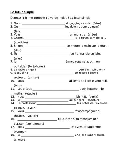 Futur Simple Future Tense In French Worksheet 9 Teaching Resources