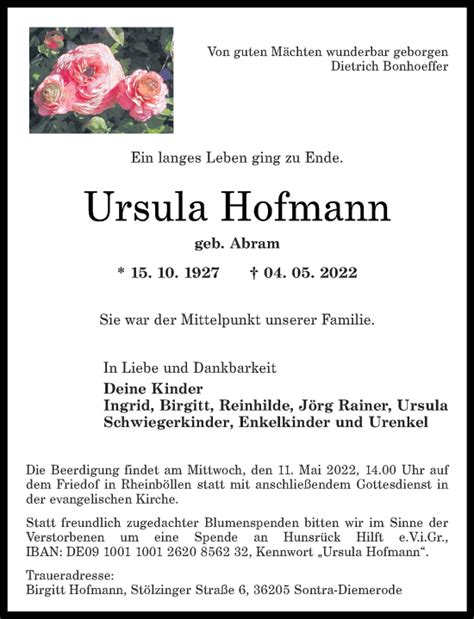 Traueranzeigen Von Ursula Hofmann Rz Trauer De