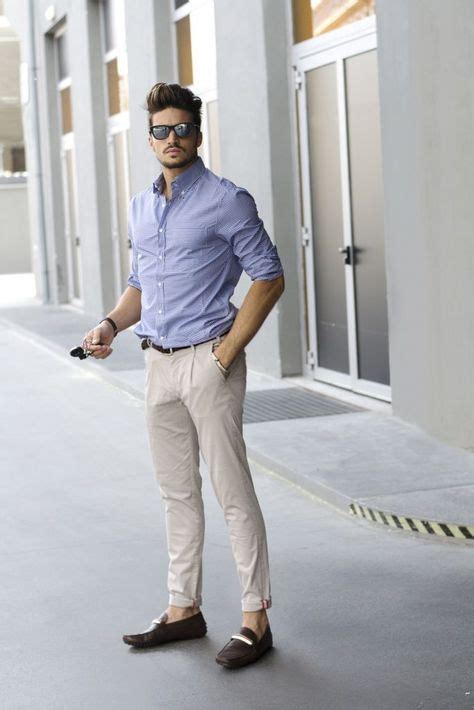 Men S Light Blue Check Dress Shirt Beige Chinos Dark Brown Leather