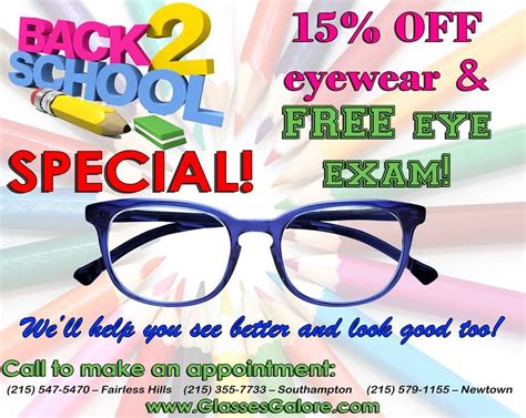 Back To School Special 15 Off Eyewear And Free Eye Exam Offer