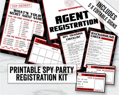 Spy Party Printables, Editable Secret Agent Party Registration Kit, Kid's Party Ids ...