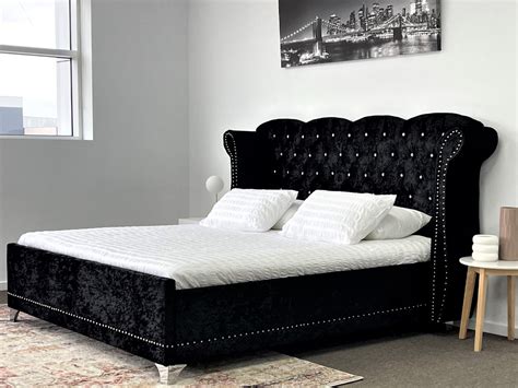 Marrakesh King Queen Bed Frame Crystals Velvet Fabric Black Upholstered