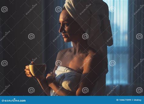 Naked Woman With Towel On Her Head And Body Drinking Herbal Tea After Bath Stock Image Image