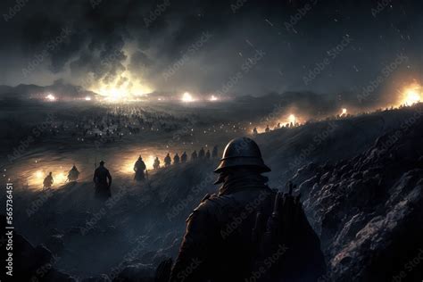 Ww1 Night Battle Soldiers Cinematic Scene Of A Winter Battlefield In