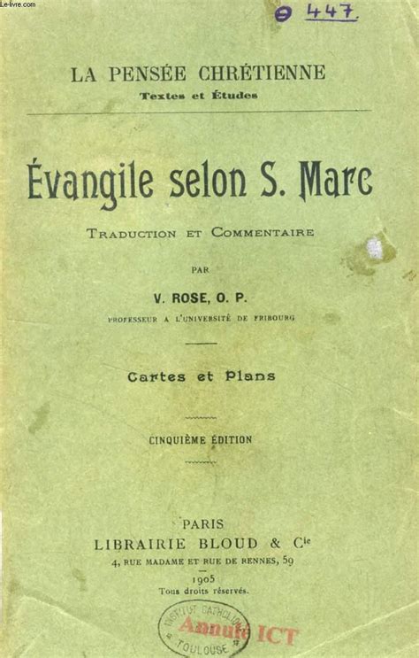 EVANGILE SELON S MARC TRADUCTION ET COMMENTAIRE By SAINT MARC Par V