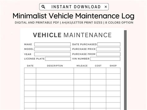 Vehicle Maintenance Log Printable Vehicle Service Tracker Vehicle