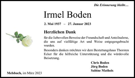 Traueranzeigen Von Irmel Boden Rz Trauer De