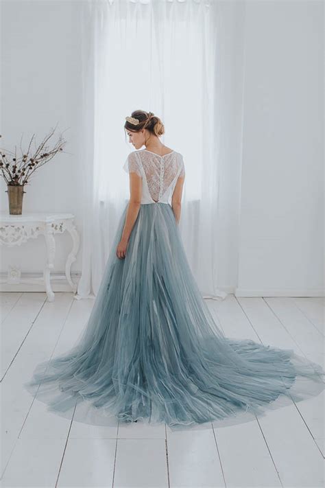 Wedding dress with light blue tulle skirt - WeddingTales.gr | Blue