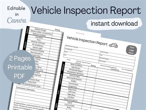 Vehicle Inspection Report Form Printable Pdf Multi Point Etsy In