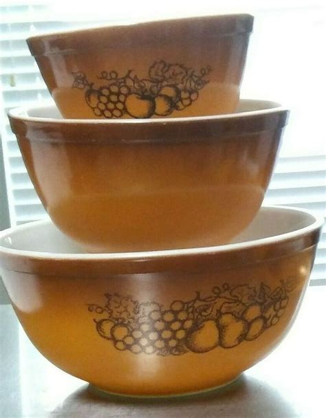 Vintage Pyrex Bowls Old Orchard Dark Brown Nesting Mixing