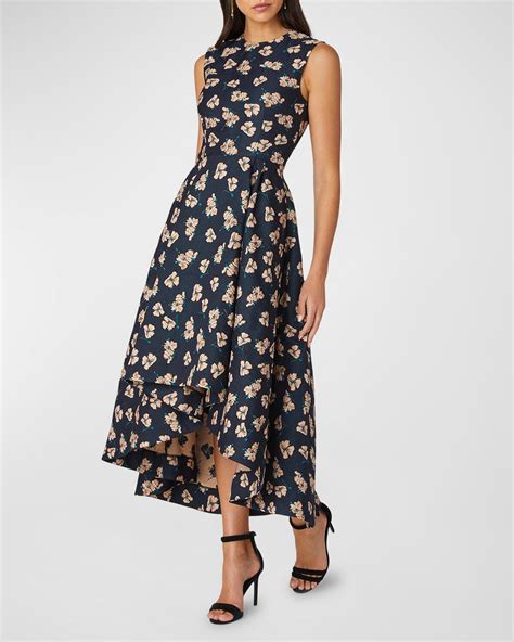 Shoshanna Pleated High Low Floral Jacquard Midi Dress Peachnavy