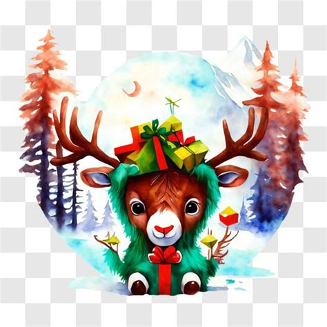 Download Festive Cartoon Reindeer with Snowy Mountains Background PNG ...