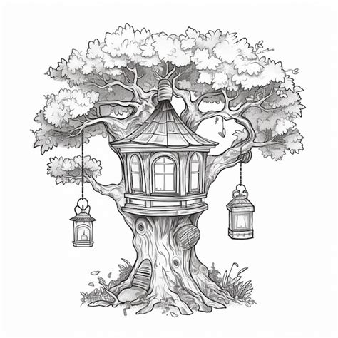 Premium Ai Image A Drawing Of A Tree House With A Bird Cage Hanging