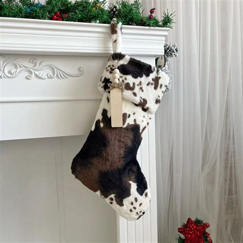 3 Pack Personalized Cow Print Christmas Stockings With Wood Name Tags