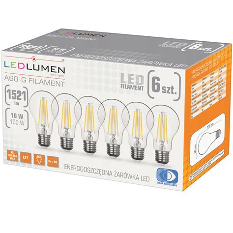 Zestaw 6x Żarówka Led E27 10w 100w Filament 1521lm Ozdobna Brak