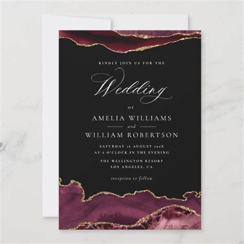 Elegant Burgundy Gold Agate Wedding Invitation Zazzle