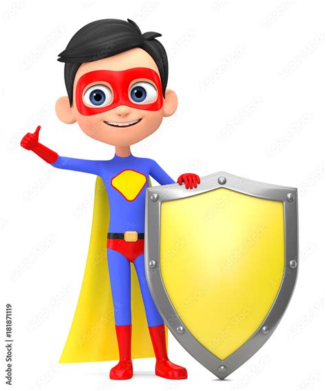 Boy Super Hero Shows Thumb Up Leaning On Shield D Render Illustration