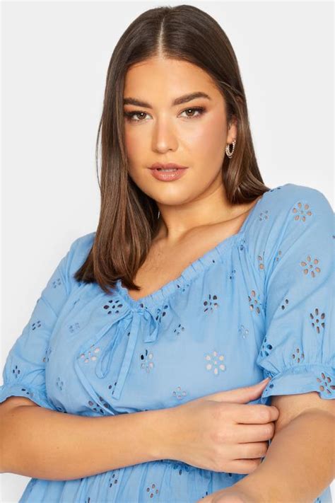 Yours Plus Size Curve Blue Broderie Anglaise Peplum Top Yours Clothing