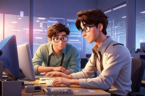 Premium Photo Young Anime Programmer At Computer And Boss Chief