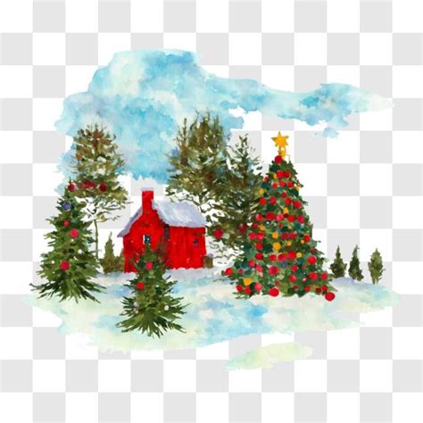 Download Winter Landscape With Red House And Christmas Tree Decoration Png Online Creative Fabrica