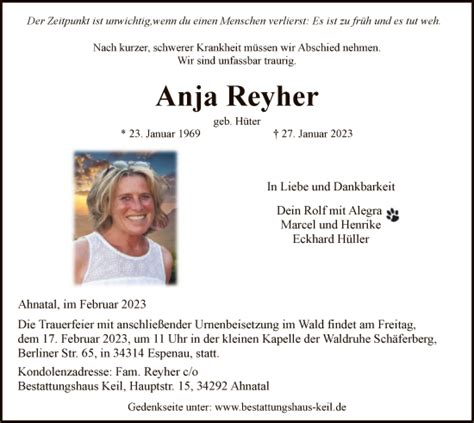 Traueranzeigen Von Anja Reyher Trauer HNA De