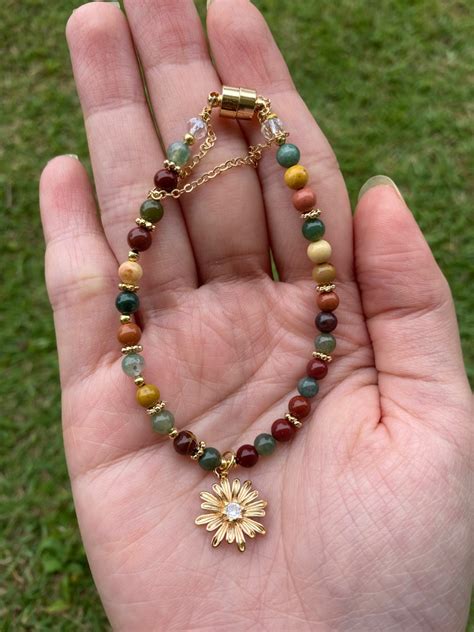 NEW Rainbow Alashan Agate With Gold Daisy Charm Women S Fashion