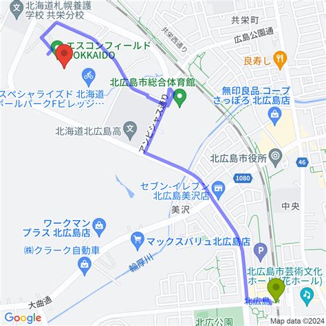 エスコンフィールドhokkaidoの最寄駅北広島駅からの徒歩ルート（約27分） Mdata