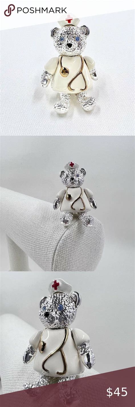 Napier Vintage Silver Tone Enamel Teddy Bear Nurse Articulated