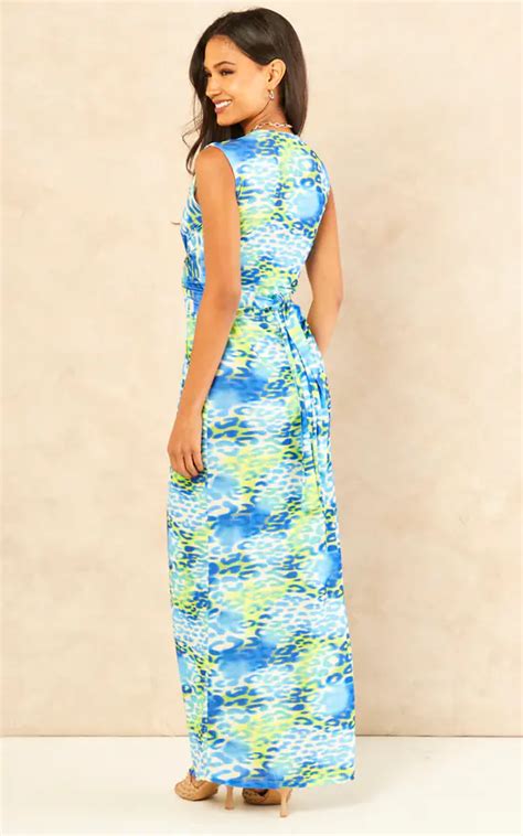 Sleeveless Twist Wrap Maxi Dress In Blue Leopard Print Jenerique