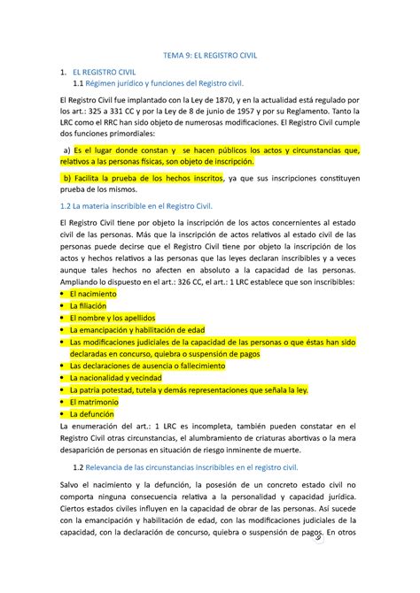 Tema 9 Civil Apuntes Dcho Civil I TEMA 9 EL REGISTRO CIVIL 1 EL