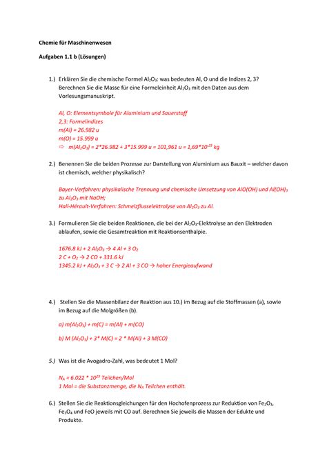 Chemie Aufgaben Bungen Grundlagen Der Chemie F R Maschinenwesen