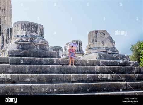 Unidentified Woman Walks At Stairs Of Apollo Temple At Didyma In Didim