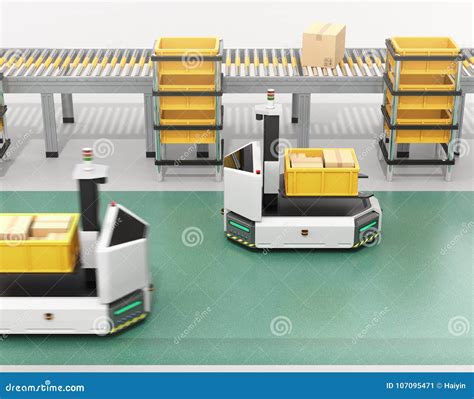 Self Driving AGV With Forklift Carrying Container Box Beside Conveyor