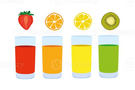 Big Set Of Different Juices Of Diverse Colors In Glasses Bright