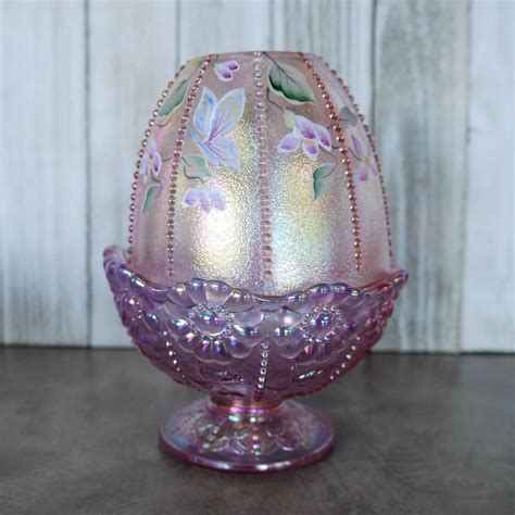 Beautiful Pink Fenton Fairy Lamp Carnival Glass With Iridescent Textured Surface The Lamp Shade