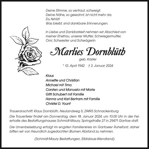 Das Trauerportal F R L Chow Dannenberg Todesanzeigen Marlies Dornbl Th