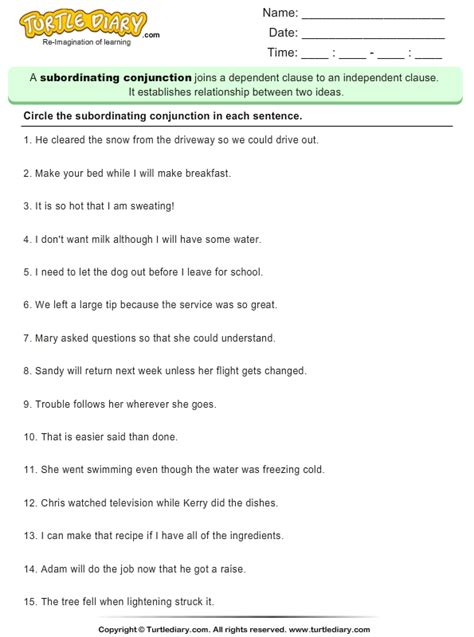 Identify Subordinating Conjunction Worksheet Turtle Diary