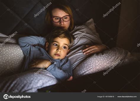 Mother Son Watching Movie Cartoon Using Laptop Bed Nighttime Small