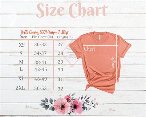 Bella Canvas Size Chart Mockup 3001 Unisex Chart Sunset Etsy