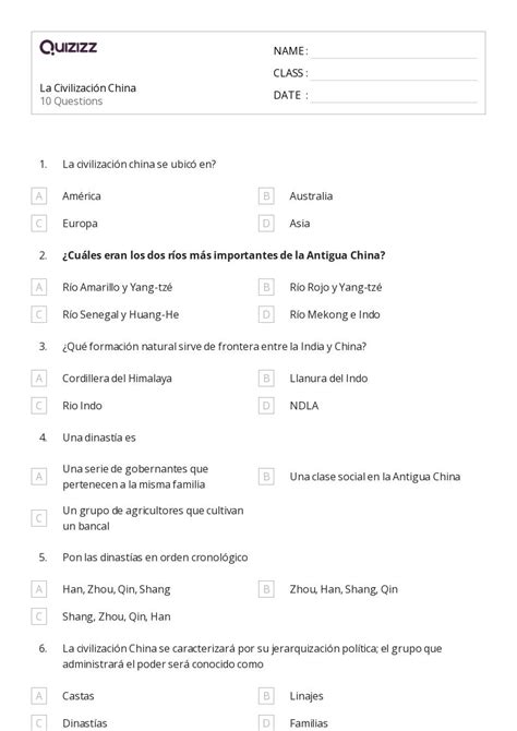 50 La Dinastía Han hojas de trabajo para Grado 6 en Quizizz Gratis e