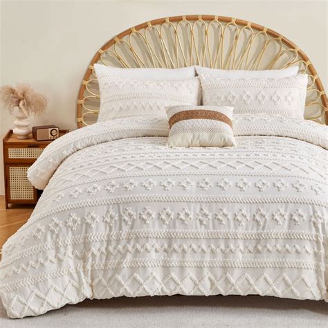 Enjohos Boho Shabby Chic Comforter Queen Cream White 3 Pieces Tufted Queen Size Bedding