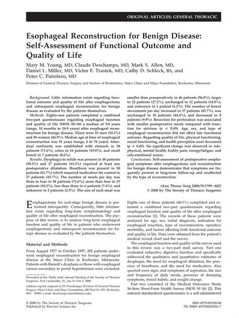 PDF Esophageal Reconstruction For Benign Disease Self Assessment Of