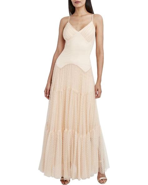 Bcbgmaxazria Ruffled V Neck Evening Dress In Natural Lyst